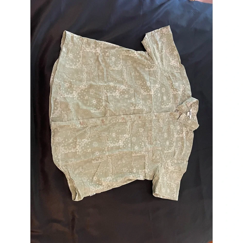 Eddie Bauer Mens 2XL Sage Green Paisley‎ Bandana Print Cotton Short Sleeve Shirt